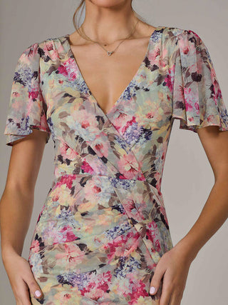 Mesh Short Sleeve Midi Dress, Multi Floral