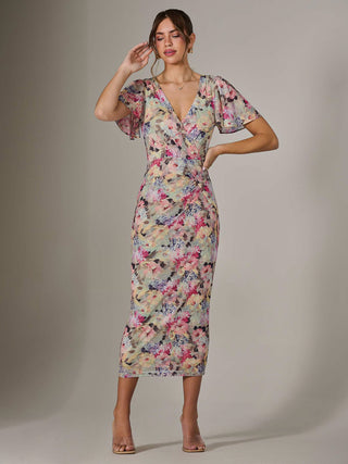 Mesh Short Sleeve Midi Dress, Multi Floral