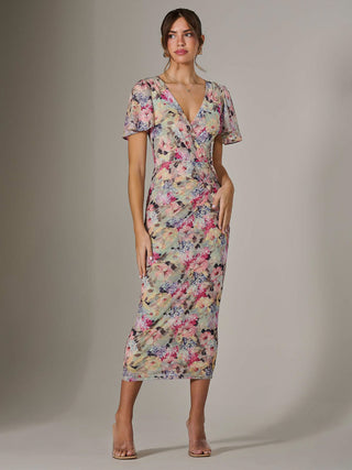 Mesh Short Sleeve Midi Dress, Multi Floral