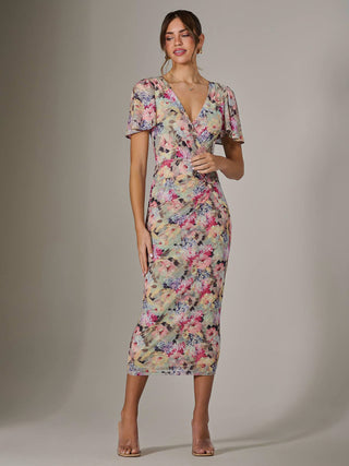 Mesh Short Sleeve Midi Dress, Multi Floral