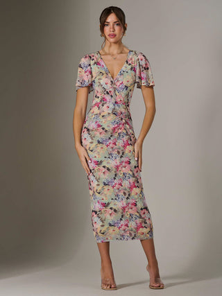 Mesh Short Sleeve Midi Dress, Multi Floral