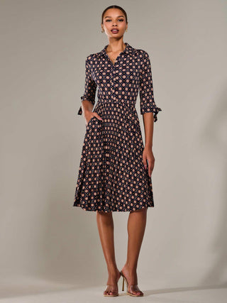 ¾ Sleeve Button Up Midi Dress, Navy Pattern
