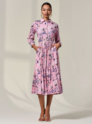 Pleated Button Up Midi Dress, Pink Floral