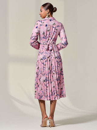 Pleated Button Up Midi Dress, Pink Floral