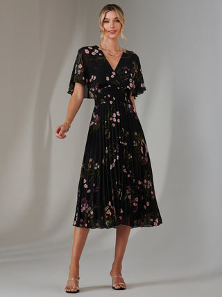 Floral Print Chiffon Pleated Dress, Black Pink Floral