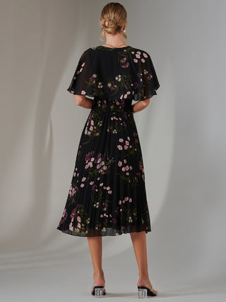 Floral Print Chiffon Pleated Dress, Black Pink Floral