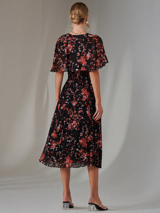 Floral Print Chiffon Pleated Dress, Black Red Floral
