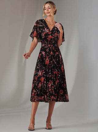 Floral Print Chiffon Pleated Dress, Black Red Floral