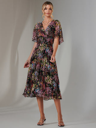 Floral Print Chiffon Pleated Dress, Floral Multi
