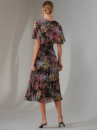 Floral Print Chiffon Pleated Dress, Floral Multi