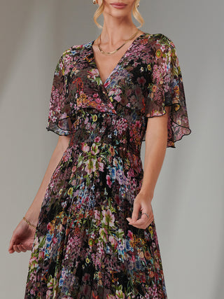 Floral Print Chiffon Pleated Dress, Floral Multi