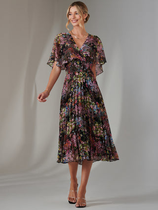 Floral Print Chiffon Pleated Dress, Floral Multi