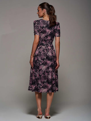 Ruched Waist Drawstring Sleeve Midi Dres, Black/Pink