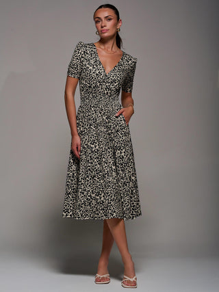 Ruched Waist Drawstring Sleeve Midi Dres, Brown Leopard