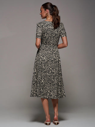 Ruched Waist Drawstring Sleeve Midi Dres, Brown Leopard