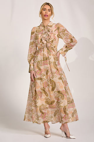 Long Sleeve Ruffle Chiffon Shirt Maxi Dress, Beige Paisley