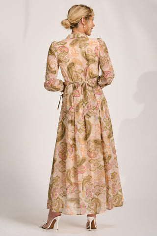 Long Sleeve Ruffle Chiffon Shirt Maxi Dress, Beige Paisley