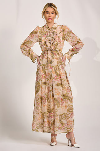 Long Sleeve Ruffle Chiffon Shirt Maxi Dress, Beige Paisley