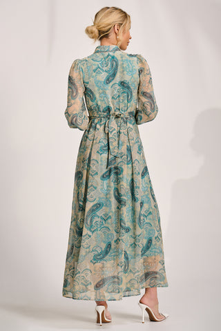 Long Sleeve Ruffle Chiffon Shirt Maxi Dress, Teal Paisley