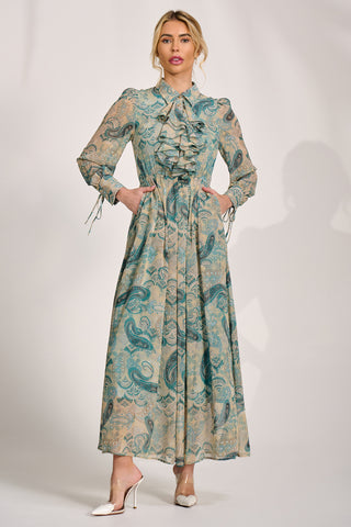 Long Sleeve Ruffle Chiffon Shirt Maxi Dress, Teal Paisley