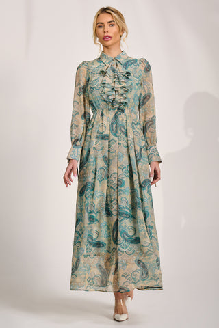 Long Sleeve Ruffle Chiffon Shirt Maxi Dress, Teal Paisley