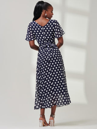 Spotted Chiffon Fit & Flare Midi Dress, Navy Spot