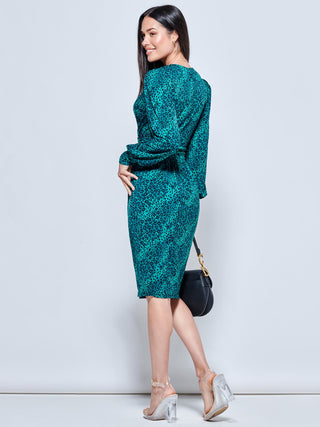 Print Long Sleeve Jersey Work Dress, Green Animal