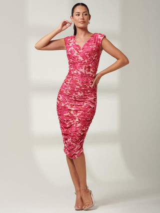 Pamela Ruched Mesh Bodycon Dress, Pink Multi