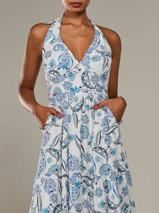Halter Neck Maxi Dress, Blue Paisley
