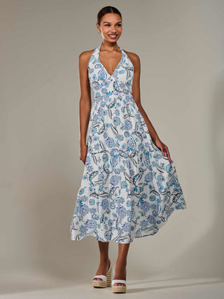 Halter Neck Maxi Dress, Blue Paisley