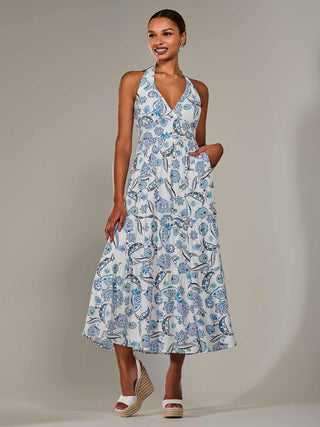 Halter Neck Maxi Dress, Blue Paisley