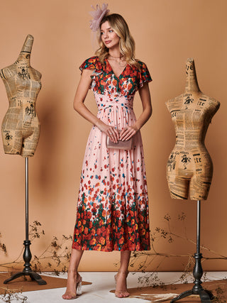 Symmetrical Floral Print Mesh Maxi Dress, Coral Pink