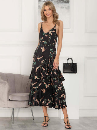 Retro Bird Print Satin Maxi dress, Black Bird