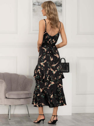 Retro Bird Print Satin Maxi dress, Black Bird