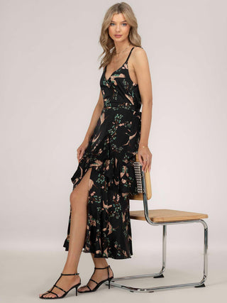 Retro Bird Print Satin Maxi dress, Black Bird