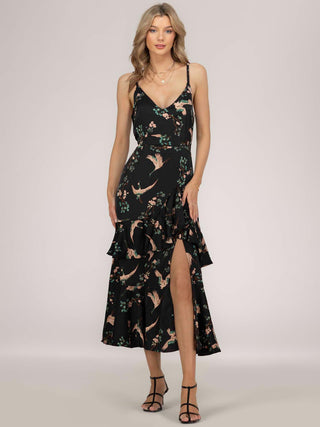 Retro Bird Print Satin Maxi dress, Black Bird