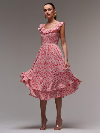 Ruffle Shirred Woven Midi Dress, Red Floral