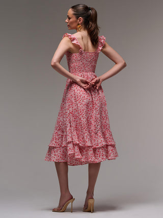 Ruffle Shirred Woven Midi Dress, Red Floral