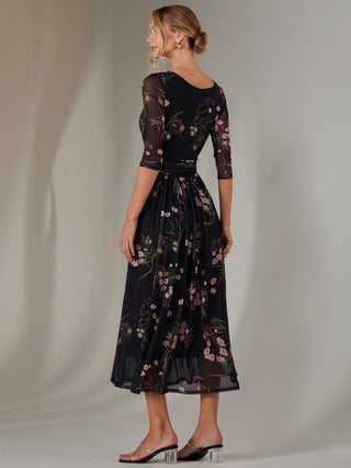 Bella Print 3/4 Sleeve Mesh Maxi Dress, Floral Multi