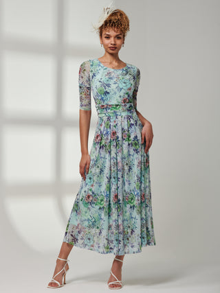 Bella Print 3/4 Sleeve Mesh Maxi Dress, Green Floral