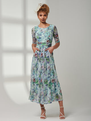 Bella Print 3/4 Sleeve Mesh Maxi Dress, Green Floral