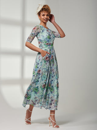 Bella Print 3/4 Sleeve Mesh Maxi Dress, Green Floral