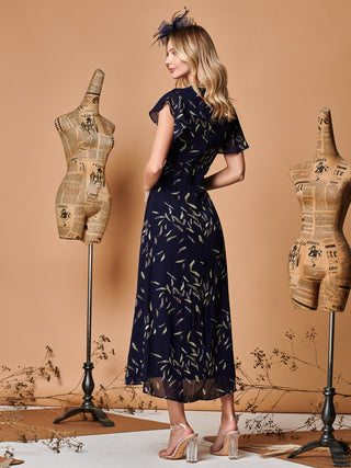 Plunge Neckline Keyhole Chiffon Maxi Dress, Navy Feather