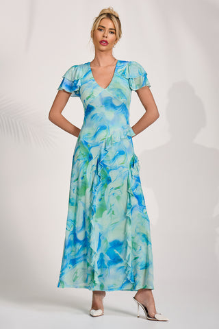 Cap Sleeve Ruffle Mesh Maxi Dress, Blue Abstract