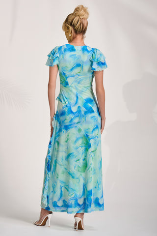 Cap Sleeve Ruffle Mesh Maxi Dress, Blue Abstract