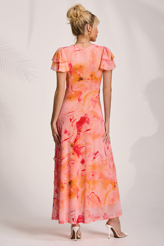 Cap Sleeve Ruffle Mesh Maxi Dress, Orange Abstract