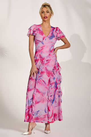 Cap Sleeve Ruffle Mesh Maxi Dress, Pink Abstract
