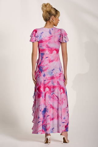 Cap Sleeve Ruffle Mesh Maxi Dress, Pink Abstract