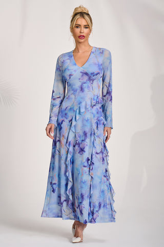 Long Sleeve Ruffle Mesh Maxi Dress, Blue Abstract
