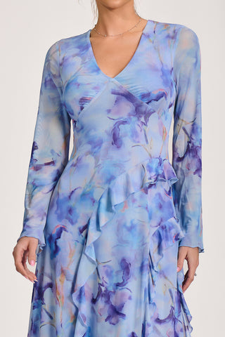 Long Sleeve Ruffle Mesh Maxi Dress, Blue Abstract
